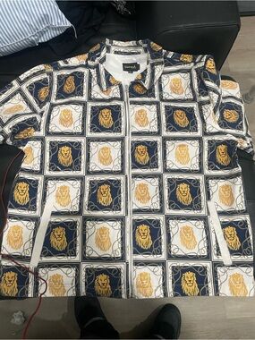 Diamond Supply Co. Navy, White & Gold Lion-Print Button-Up Shirt